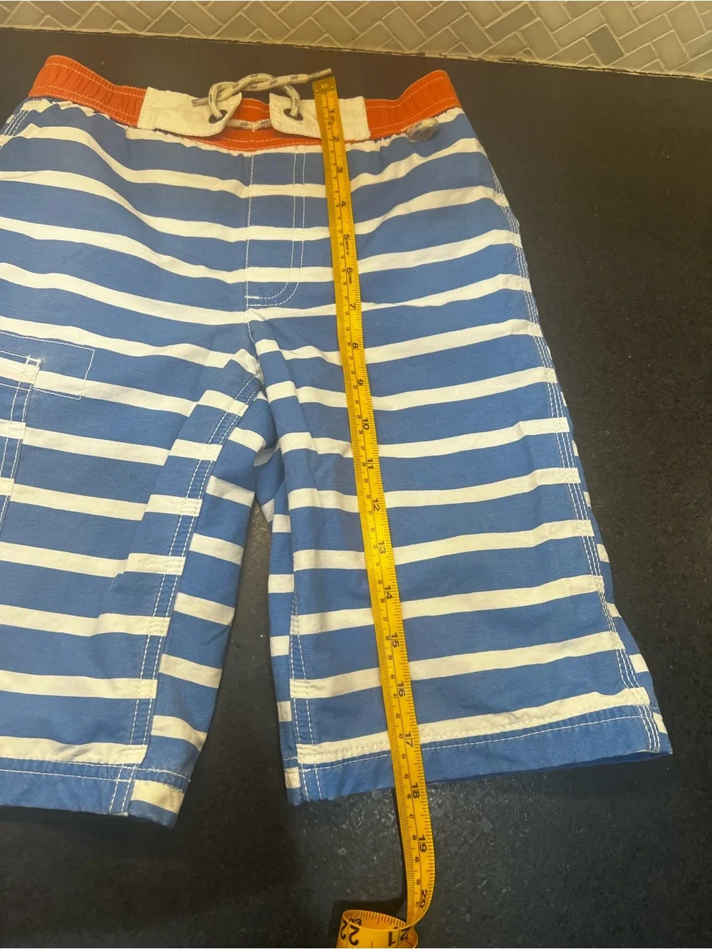 Mini Boden Blue and White Striped Shorts with Orange Waistband size 7/8